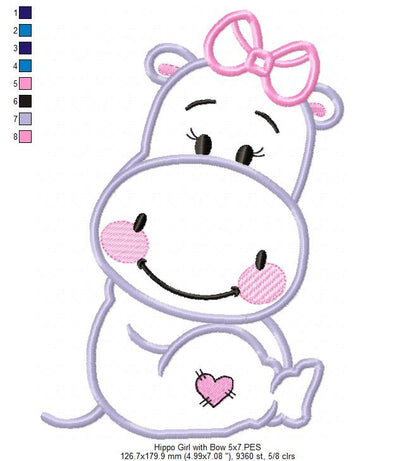 Hippo Girl with Bow - Applique