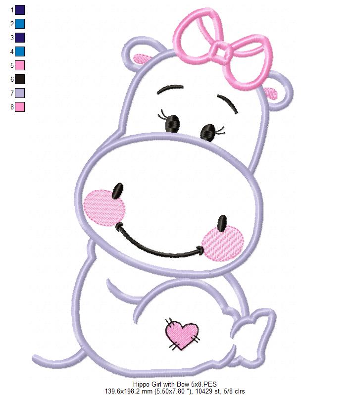 Hippo Girl with Bow - Applique