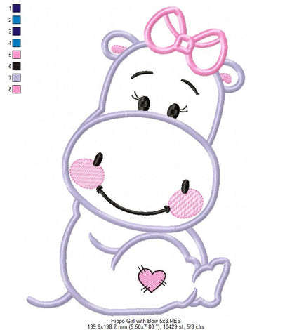 Hippo Girl with Bow - Applique