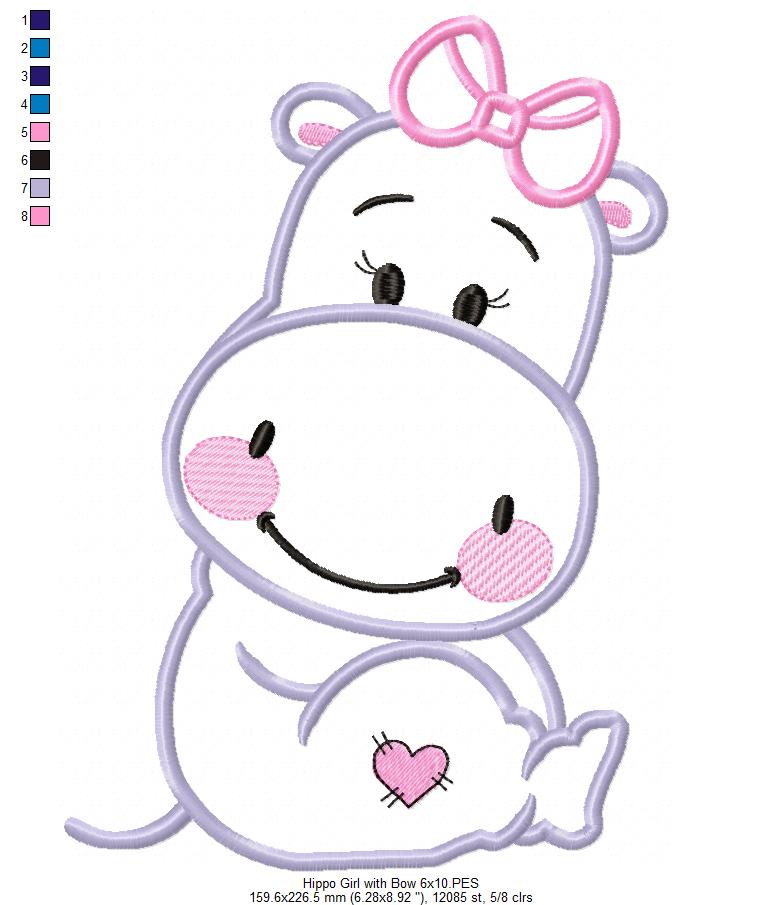 Hippo Girl with Bow - Applique