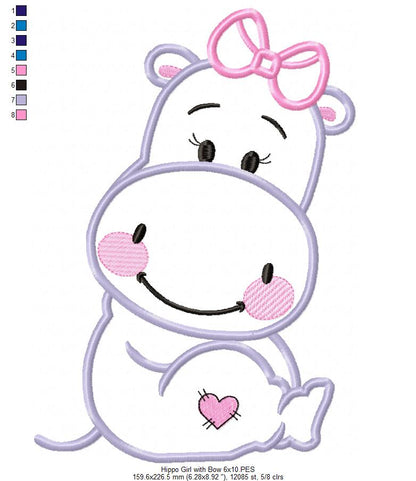 Hippo Girl with Bow - Applique
