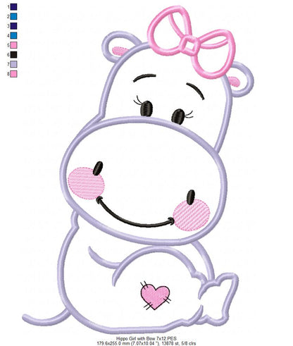 Hippo Girl with Bow - Applique
