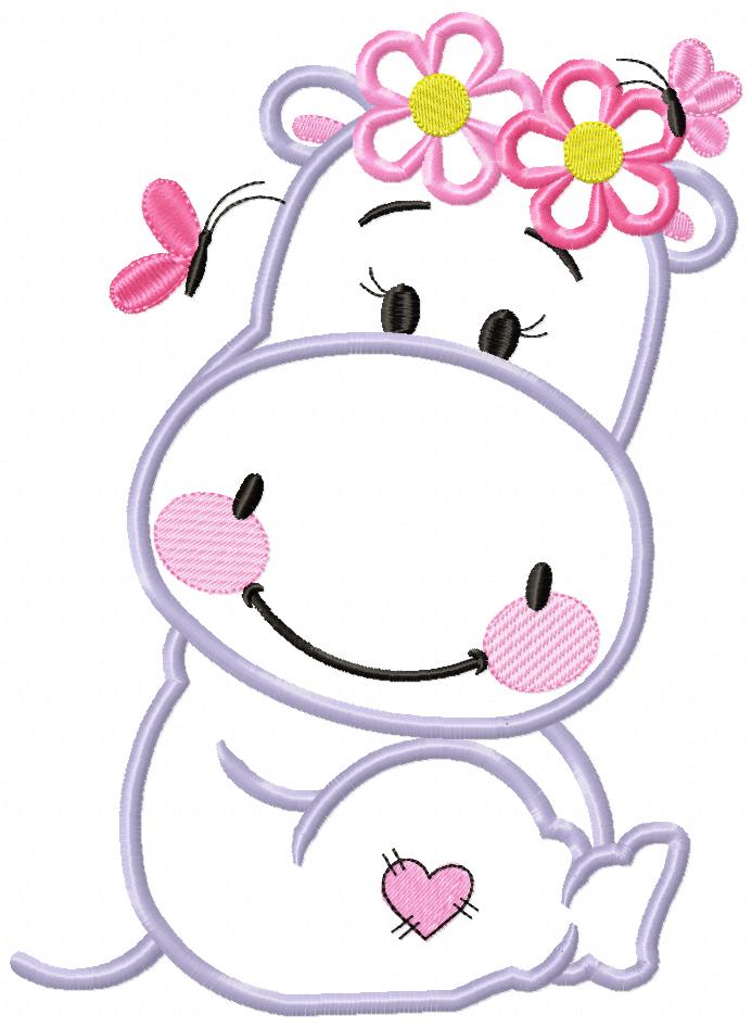 Hippo Girl Smiling with Flowers - Applique