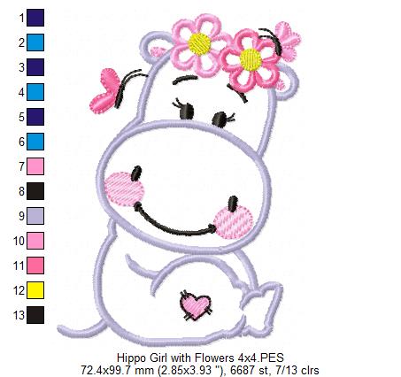 Hippo Girl Smiling with Flowers - Applique