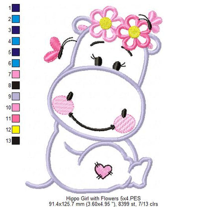 Hippo Girl Smiling with Flowers - Applique