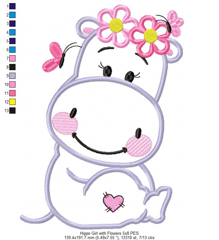 Hippo Girl Smiling with Flowers - Applique