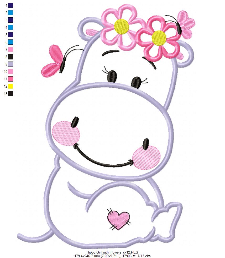 Hippo Girl Smiling with Flowers - Applique