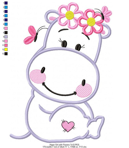 Hippo Girl Smiling with Flowers - Applique