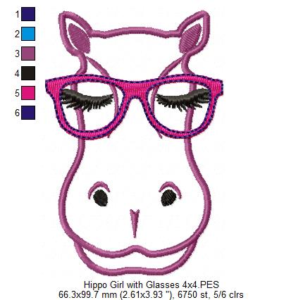 Cute Hipoppotamus with Glasses - Applique