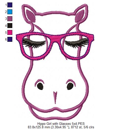 Cute Hipoppotamus with Glasses - Applique