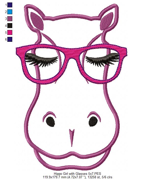 Cute Hipoppotamus with Glasses - Applique