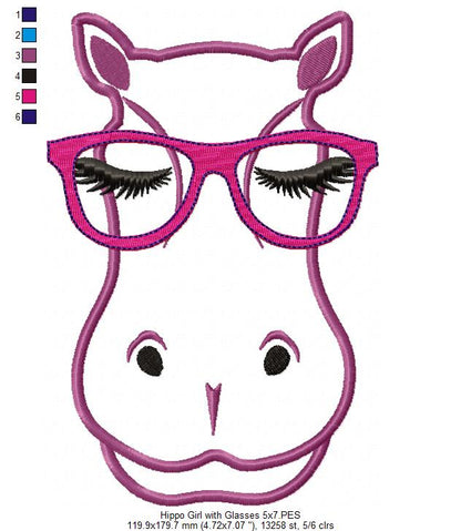 Cute Hipoppotamus with Glasses - Applique