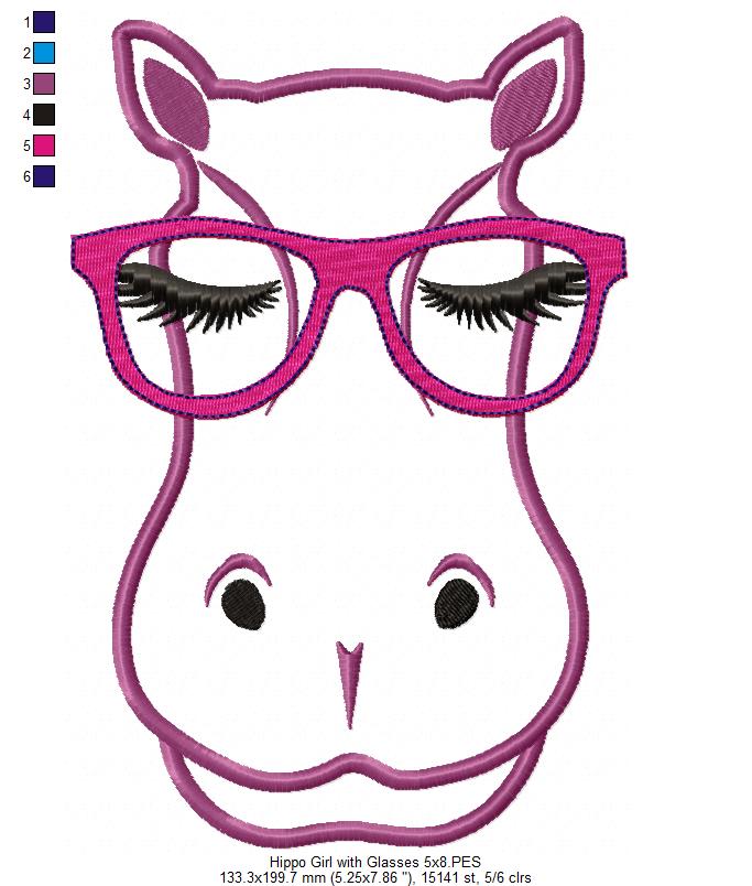 Cute Hipoppotamus with Glasses - Applique