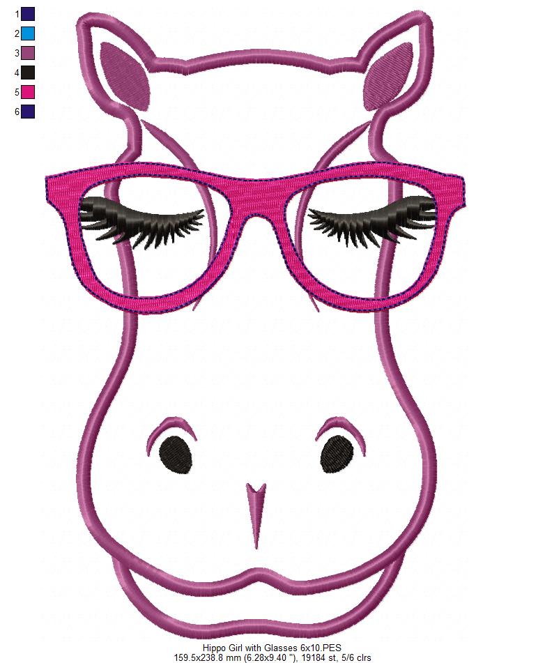 Cute Hipoppotamus with Glasses - Applique
