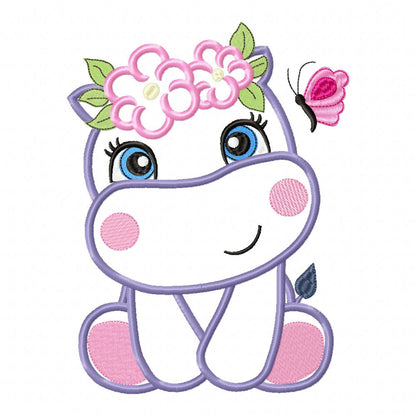 Hippo Girl with Flowers - Applique Embroidery