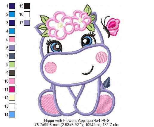 Hippo Girl with Flowers - Applique & Fill Stitch - Set of 2 designs