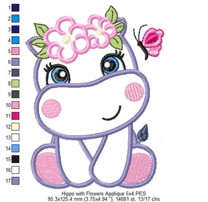 Hippo Girl with Flowers - Applique & Fill Stitch - Set of 2 designs