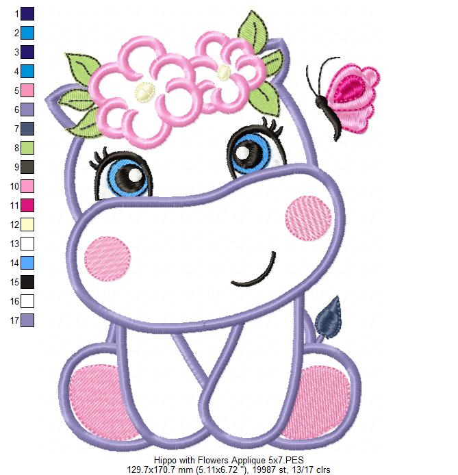 Hippo Girl with Flowers - Applique Embroidery