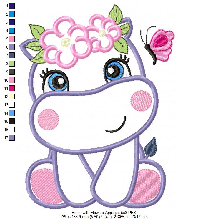 Hippo Girl with Flowers - Applique Embroidery