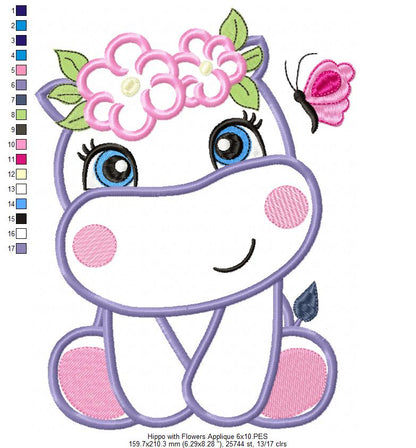 Hippo Girl with Flowers - Applique & Fill Stitch - Set of 2 designs