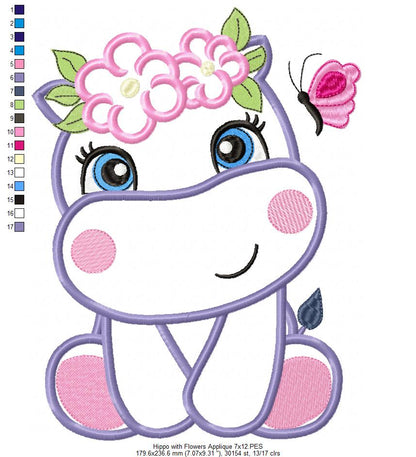 Hippo Girl with Flowers - Applique Embroidery