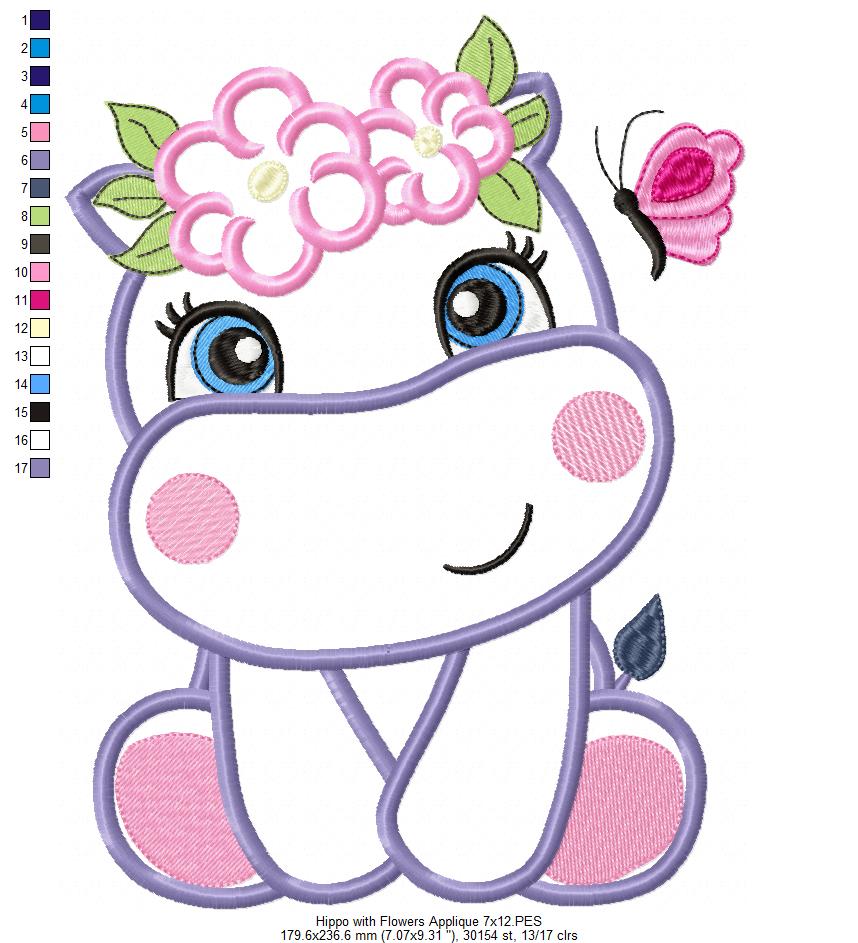Hippo Girl with Flowers - Applique & Fill Stitch - Set of 2 designs