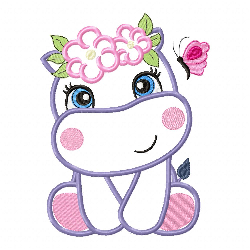 Hippo Girl with Flowers - Applique Embroidery