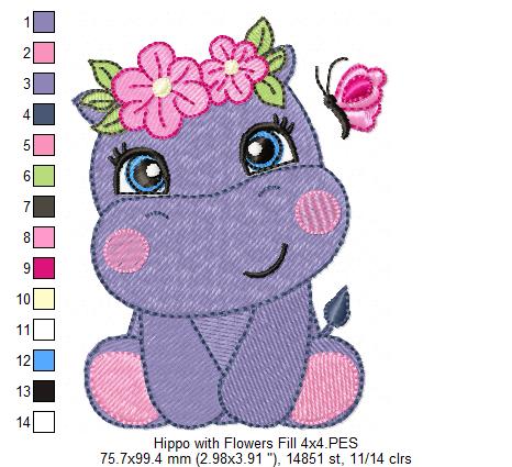 Hippo Girl with Flowers - Fill Stitch