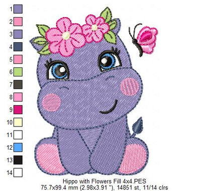 Hippo Girl with Flowers - Applique & Fill Stitch - Set of 2 designs