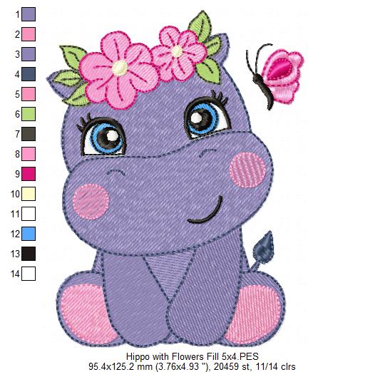 Hippo Girl with Flowers - Applique & Fill Stitch - Set of 2 designs