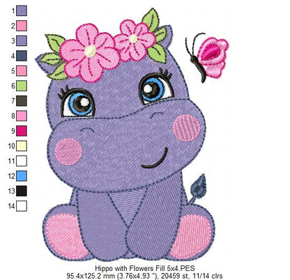 Hippo Girl with Flowers - Applique & Fill Stitch - Set of 2 designs