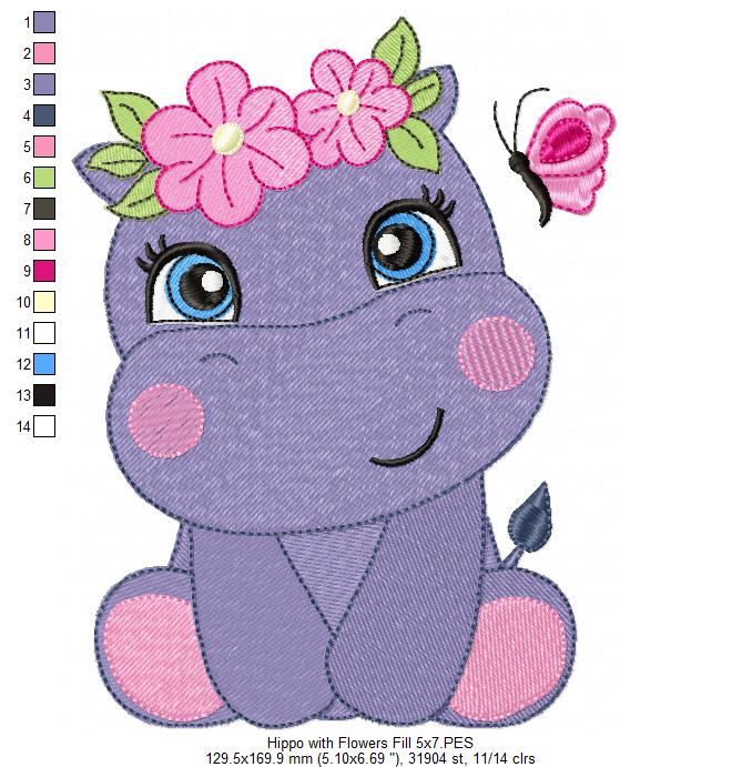 Hippo Girl with Flowers - Fill Stitch