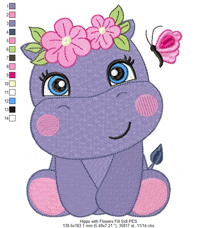 Hippo Girl with Flowers - Applique & Fill Stitch - Set of 2 designs