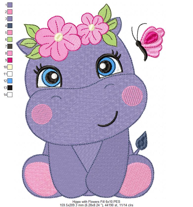 Hippo Girl with Flowers - Fill Stitch