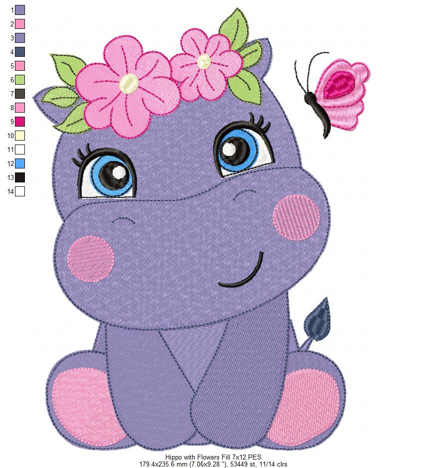 Hippo Girl with Flowers - Fill Stitch