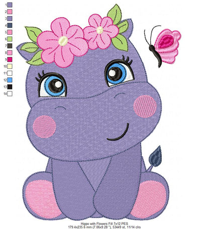 Hippo Girl with Flowers - Applique & Fill Stitch - Set of 2 designs