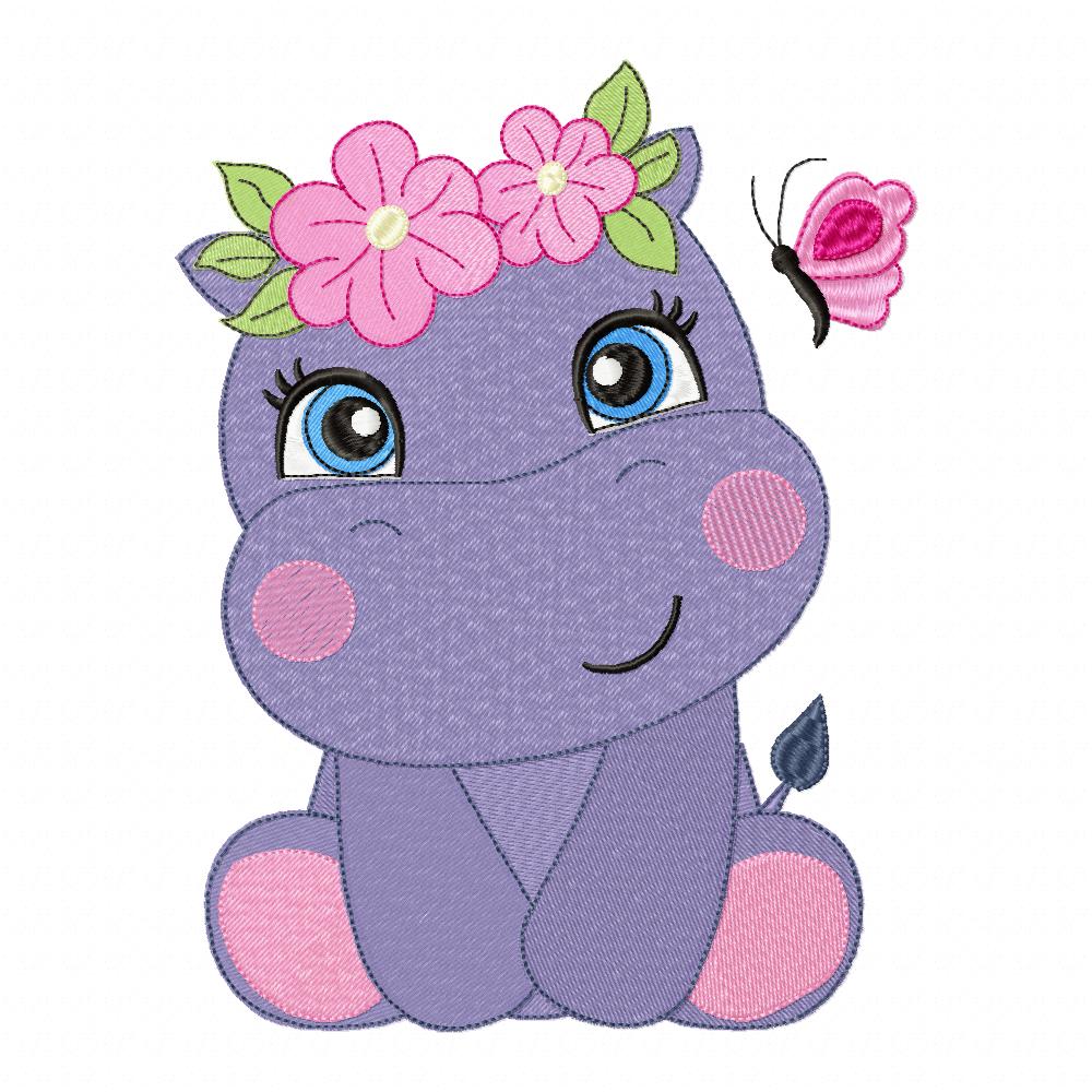 Hippo Girl with Flowers - Fill Stitch