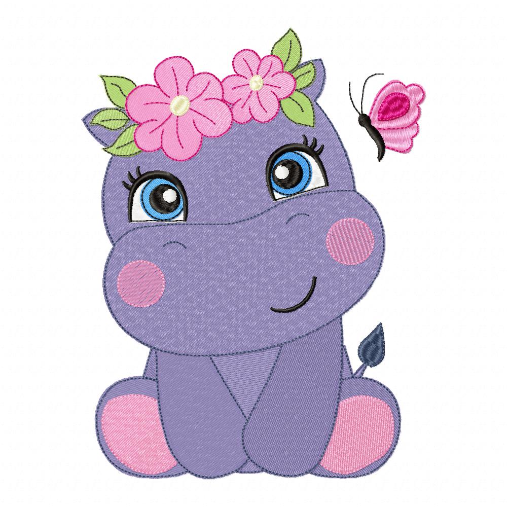 Hippo Girl with Flowers - Applique & Fill Stitch - Set of 2 designs