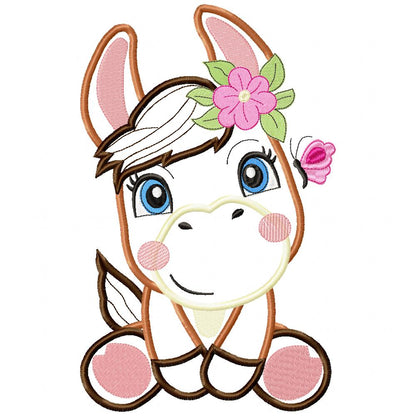 Donkey Girl Smiling with Flowers - Applique