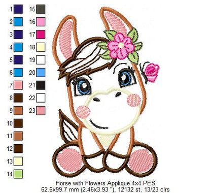 Donkey Girl with Flowers - Applique & Fill Stitch - Set of 2 designs