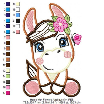 Donkey Girl Smiling with Flowers - Applique