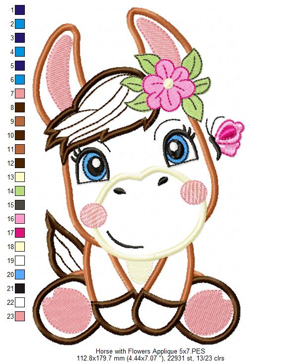 Donkey Girl Smiling with Flowers - Applique