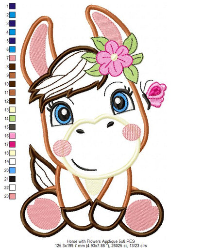 Donkey Girl with Flowers - Applique & Fill Stitch - Set of 2 designs