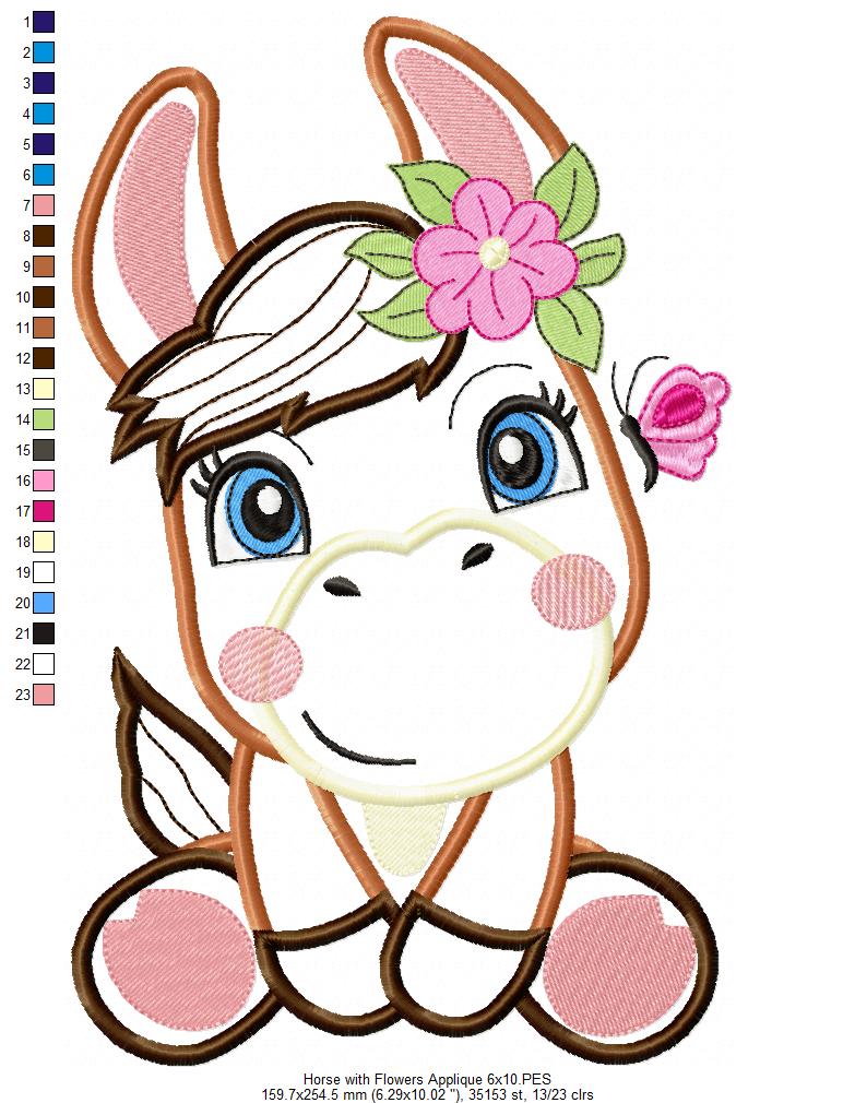 Donkey Girl Smiling with Flowers - Applique