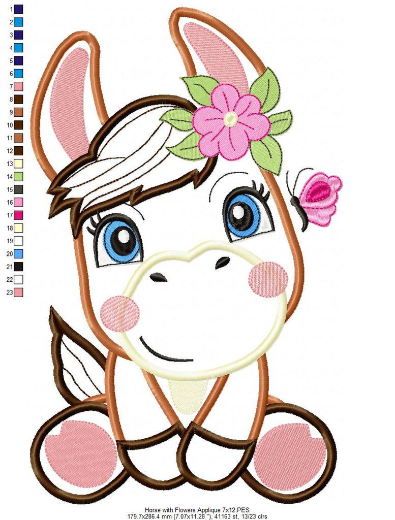 Donkey Girl Smiling with Flowers - Applique