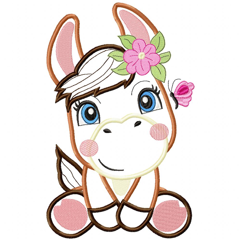 Donkey Girl Smiling with Flowers - Applique