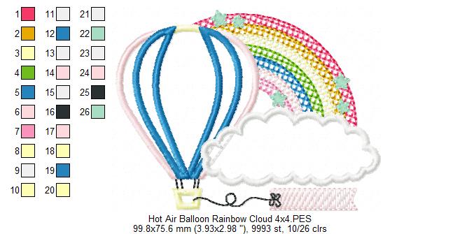 Hot Air Balloon, Rainbow and Cloud - Applique