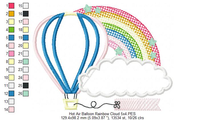 Hot Air Balloon, Rainbow and Cloud - Applique