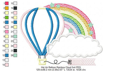 Hot Air Balloon, Rainbow and Cloud - Applique