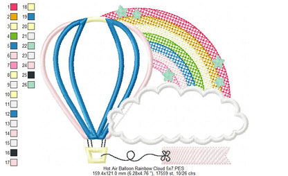 Hot Air Balloon, Rainbow and Cloud - Applique
